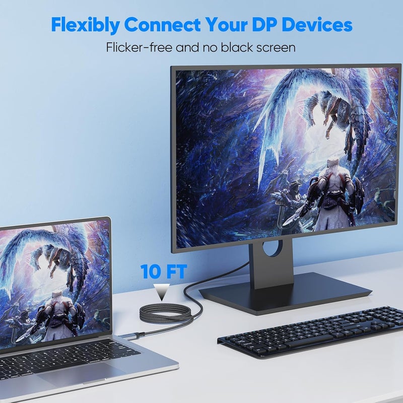 FEMORO كابل ديسبلاي بورت 10 قدم، ديسبلاي بورت 2.1 16K@60Hz 8K@120Hz 4K@240Hz 2K@360Hz 1080P@360Hz لمراقبة الألعاب 80Gbps عرض النطاق الترددي، كابل DP طويل لـ RTX 5050/60/70/80/90 RX 9060/70 XT لسطح المكتب واللابتوب إلى الشاشة - Image 2